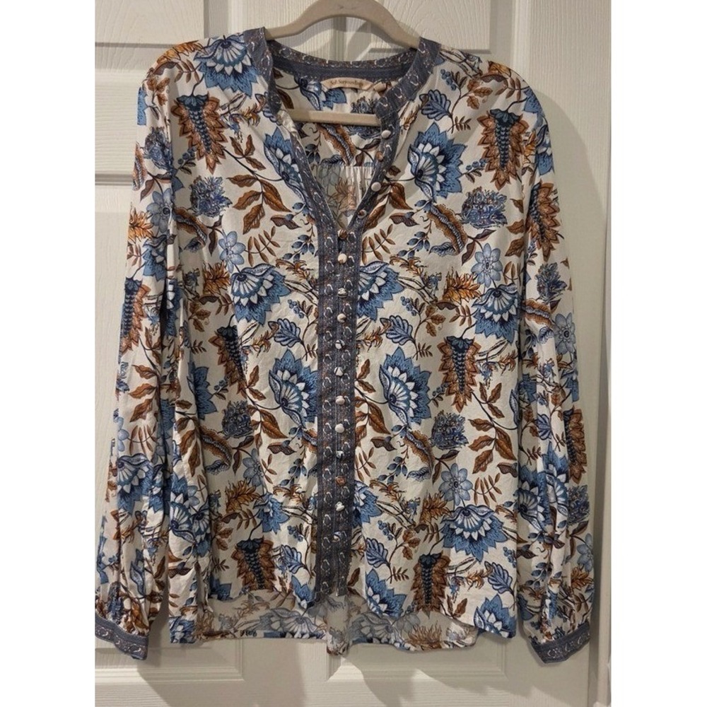Soft Surroundings Floral Blouse L Blue Rust Cotton Viscose Boho Button Front
